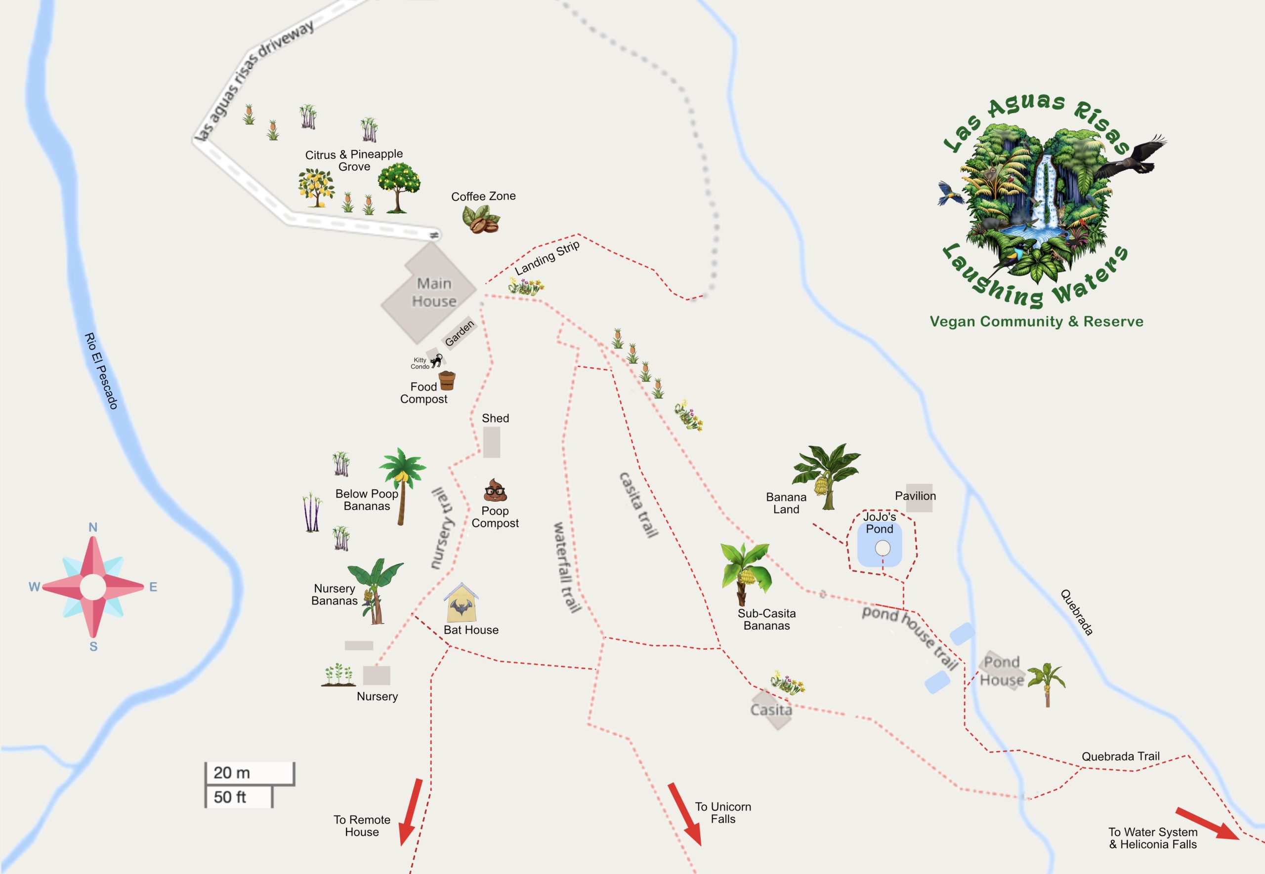 jpg map showing Las Aguas Risas trails, buildings, points of interest